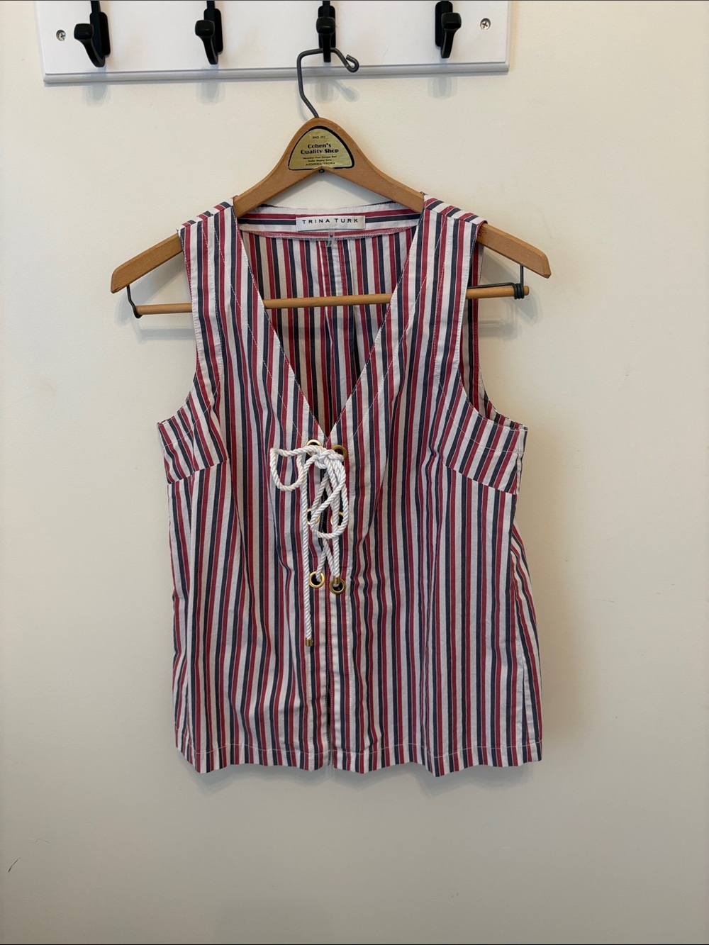Trina Turk Red White Navy Vertical Stripe Lace-Up Sleeveless Top